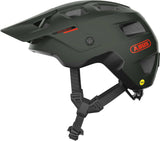 ABUS MoDrop MIPS mountain bike helmet with adjustable visor and MTB fit system, shown on a rider in outdoor gear.
