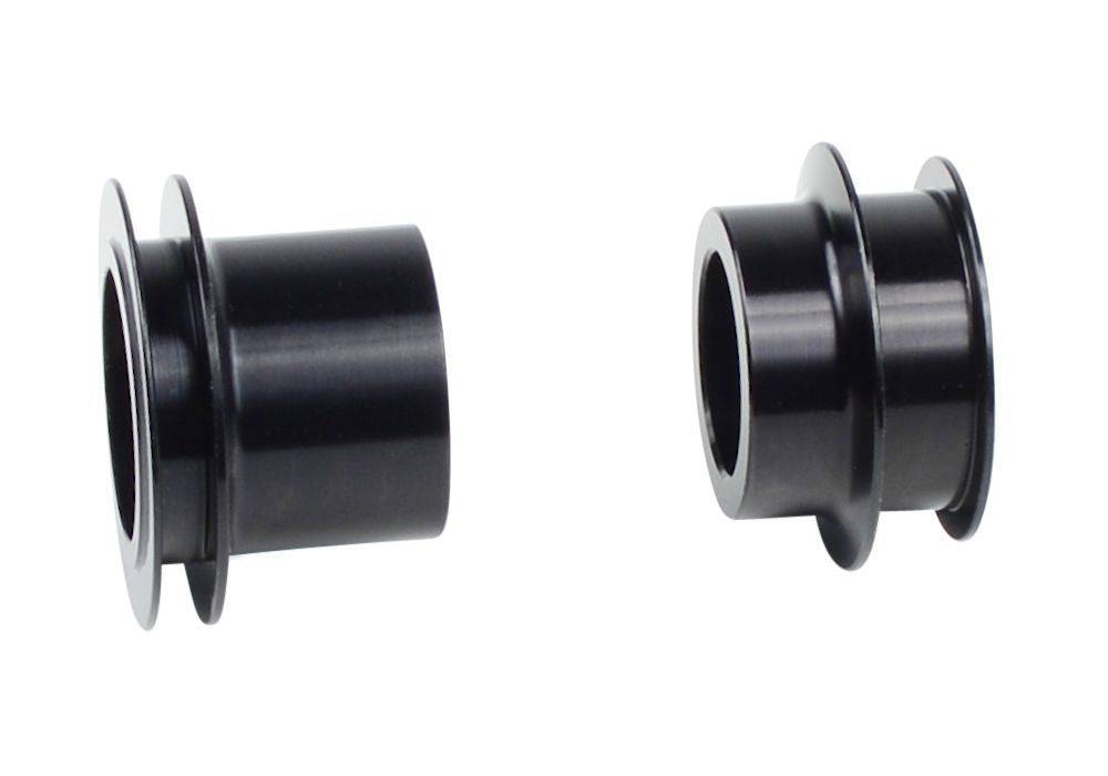 Bontrager DT240 15mm axle end cap kit in black for 100mm OLD front and rear bike hubs, showing close-up of end caps.