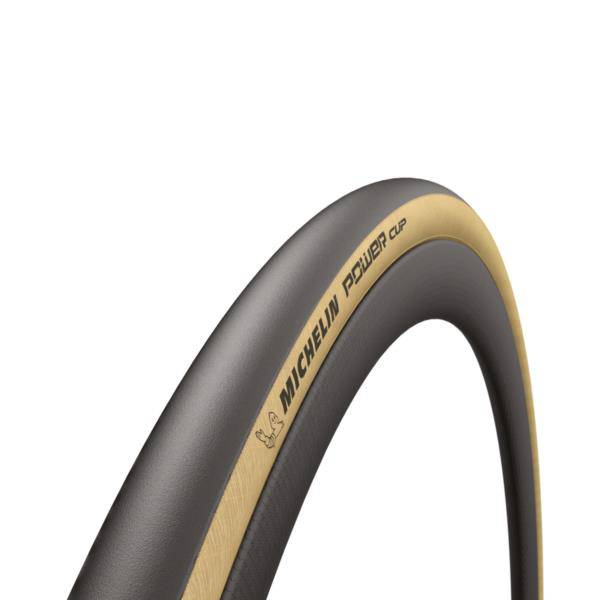 Michelin Power Cup tubular tyre for high-performance road racing bikes, showcasing a sleek black design with smooth tread pattern.