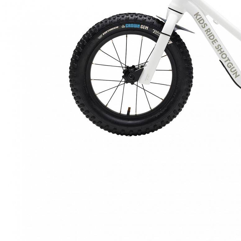 Kids Ride Shotgun Dirt Hero 14-inch wheel kit with Vee Crown Gem tires, disc brake mount, black accessories for kids' bikes.