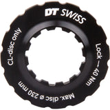 DT Swiss Dual-Spline Universal Centre-Lock lockring for bike hubs, made of durable metal, with precise threading and branding.