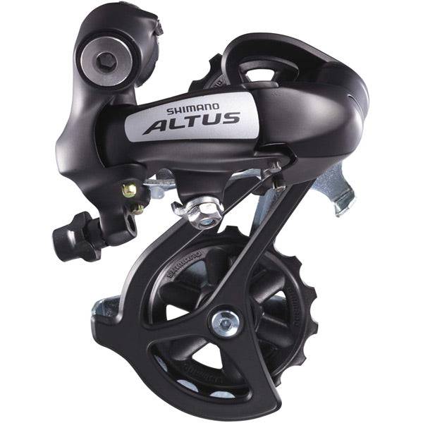 Shimano Altus RD-M310 SGS black rear derailleur for 7-8 speed mountain bikes, showing the component's design and branding.