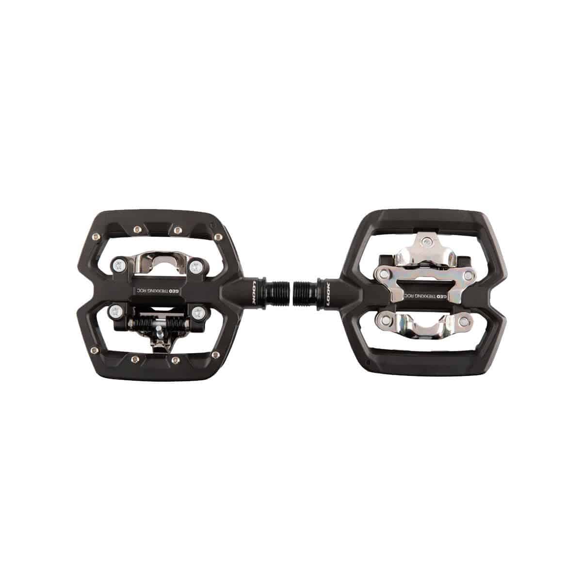 LOOK Geo Trekking Roc hybrid pedals with SPD clipless and flat traction sides, designed for versatile cycling components.