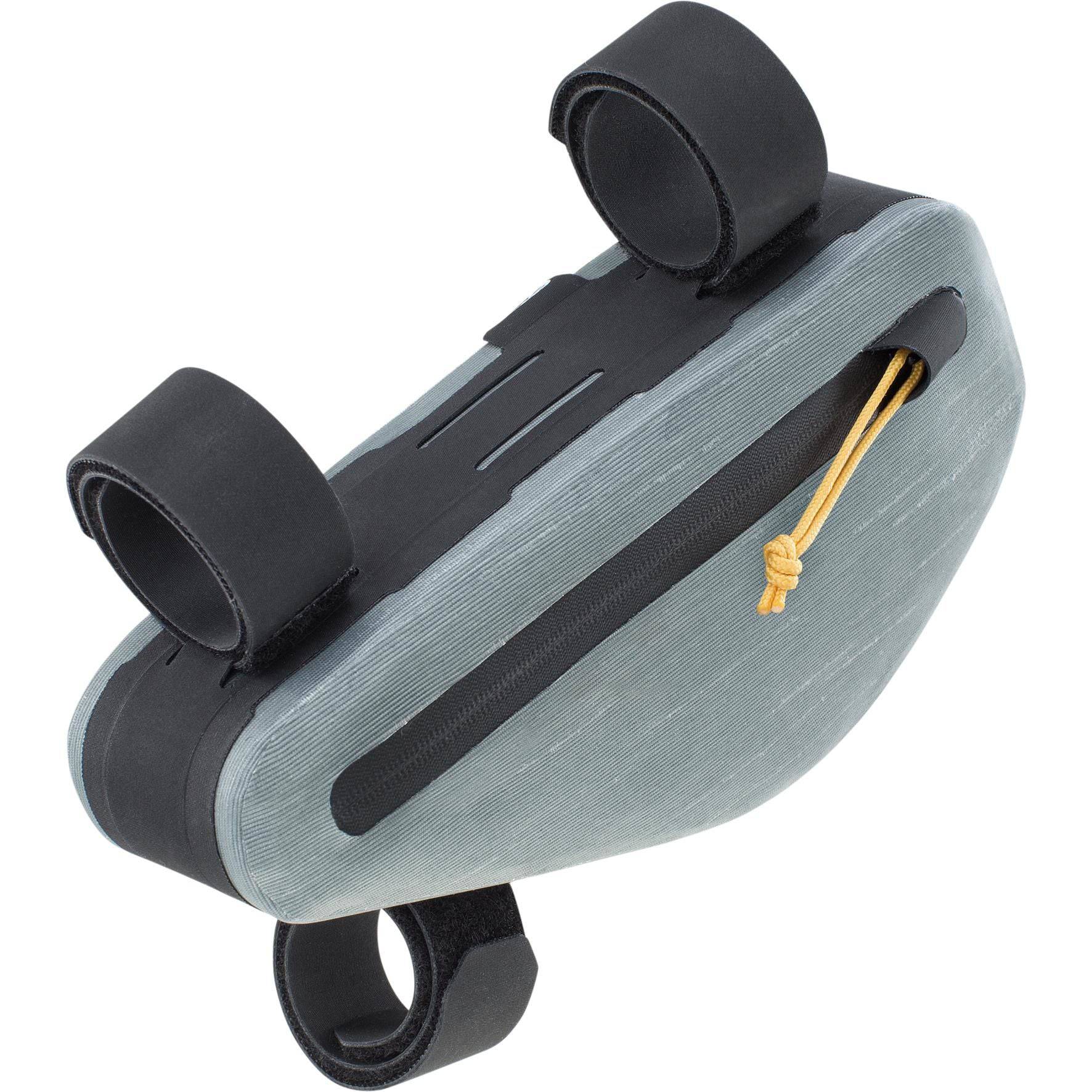 EVOC waterproof bike frame bag with multiple compartments, 0.8L capacity, designed for cycling accessories storage.