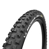 Michelin DH34 downhill bike park tyre with tubeless ready setup and Gum-X technology, showing tread pattern and sidewall details.