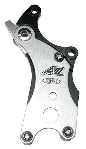 A2Z universal disc brake mount adapter for tab-less bikes, compatible with bike components, shown attached to a bicycle frame.
