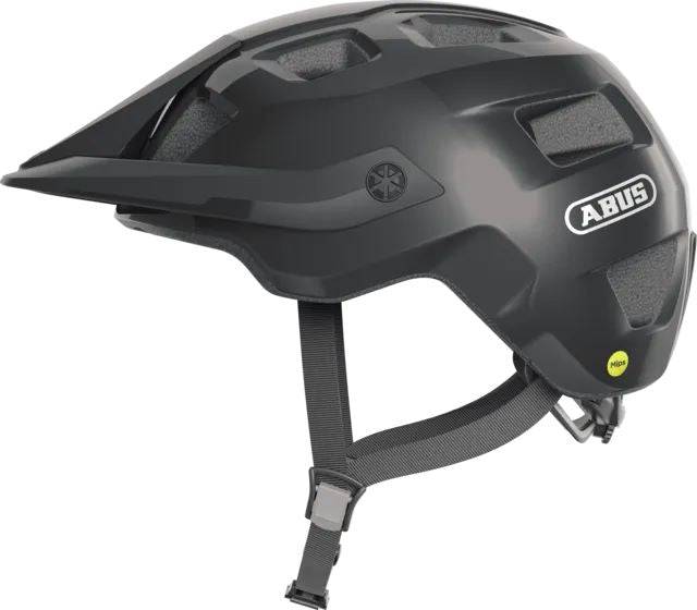 ABUS MOTRIP MIPS mountain bike helmet with adjustable fit and ventilation, shown in a side view with multiple vents and secure strap