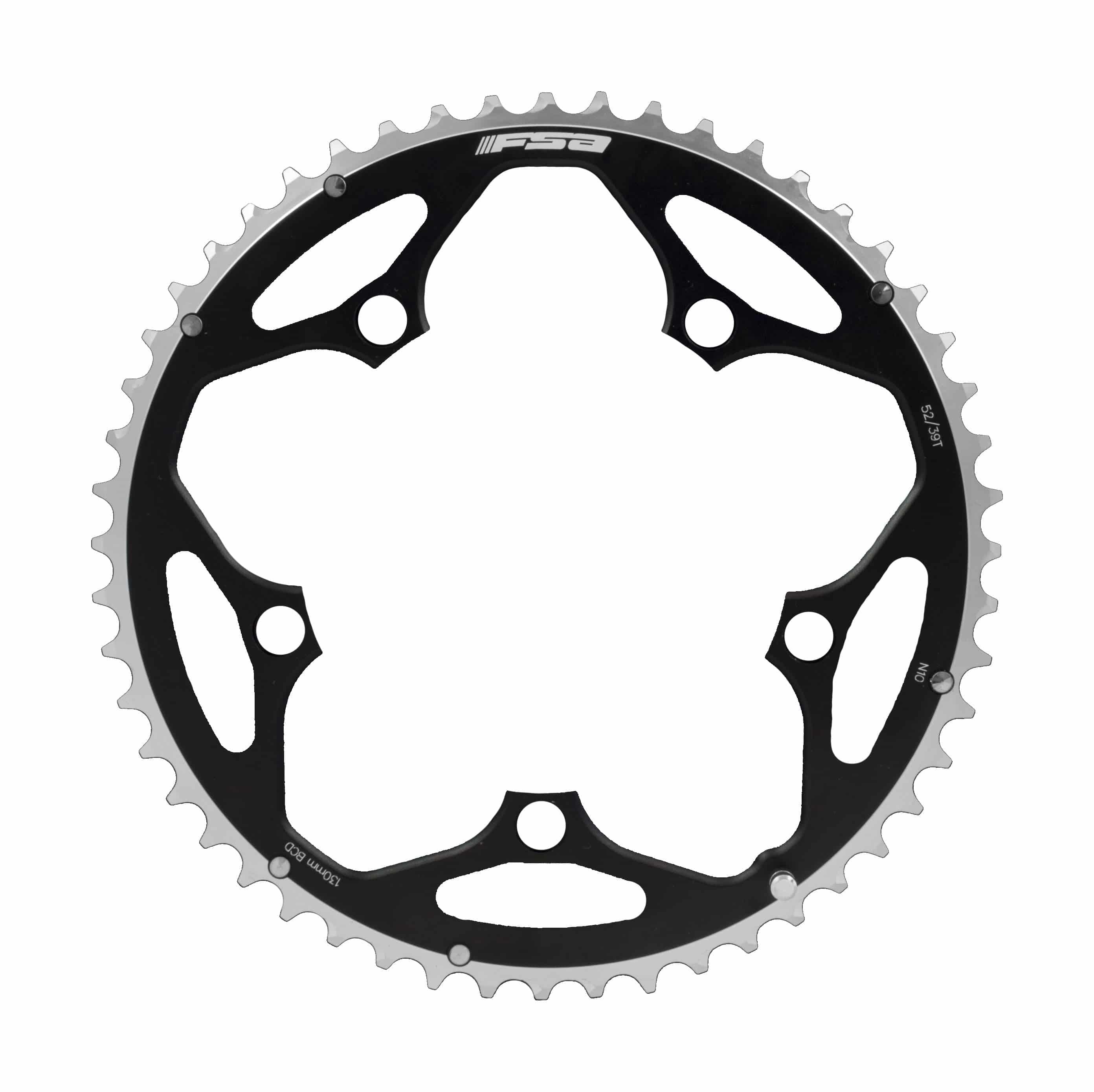 FSA Pro Road 130BCD 2x11 Speed Chainring for Shimano and Campagnolo road bike drivetrains, close-up of black chainring with teeth
