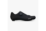 Fizik R5 Tempo Overcurve road cycling shoes with BOA IP1 dial and velcro strap, showing sleek black design with textured upper.
