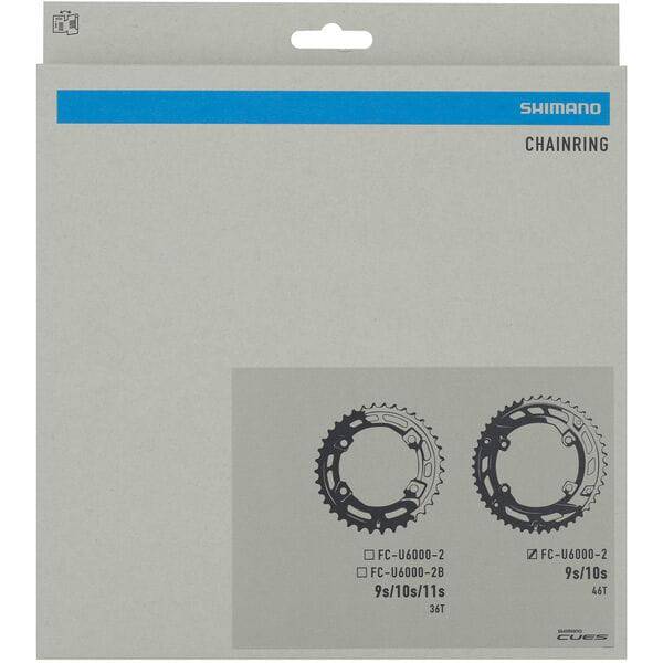 Shimano CUES FC-U6000-2 46T double outer chainring for 10/9 speed urban bike components, showing the gear teeth and brand logo.