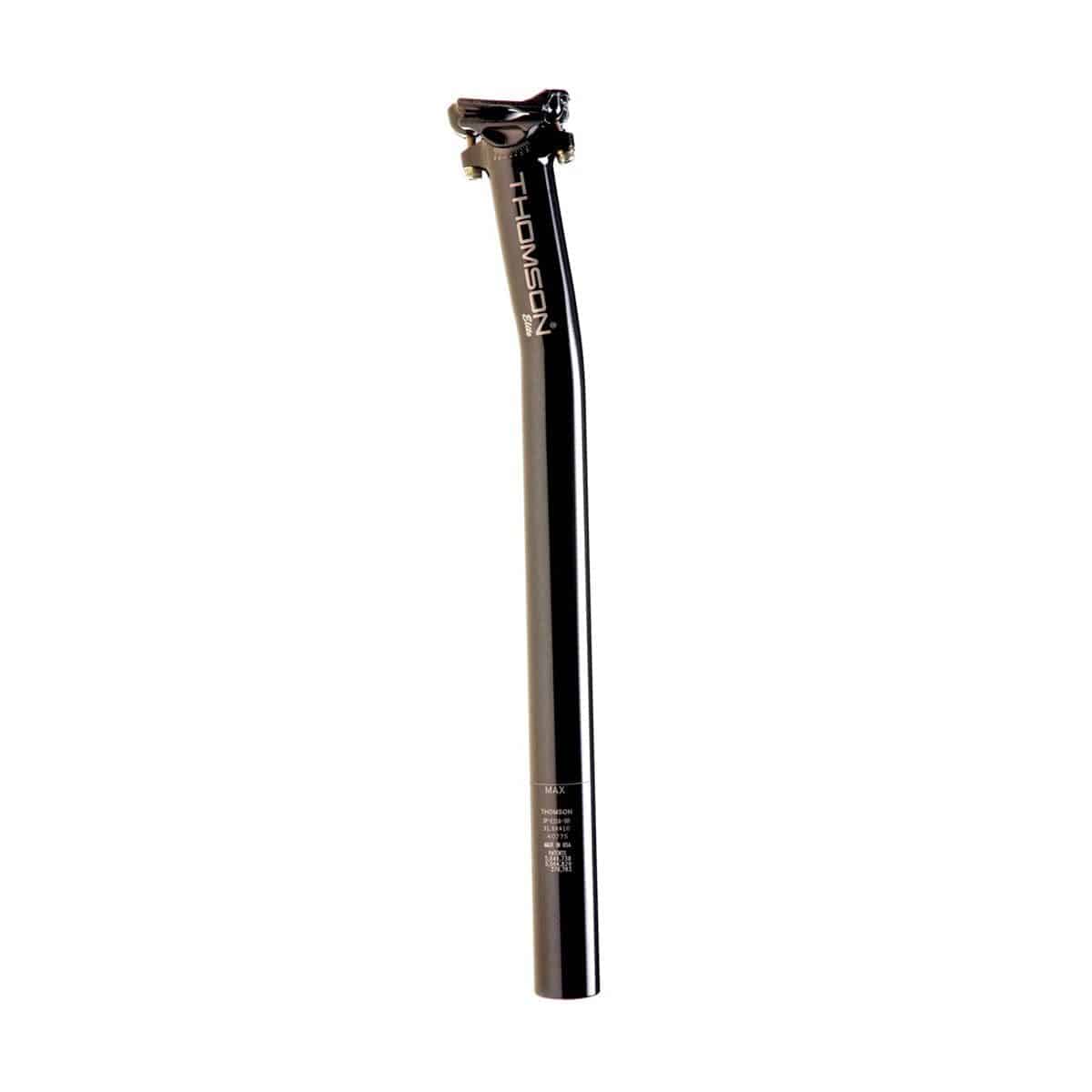 Thomson Masterpiece setback MTB seatpost with infinite tilt adjustment, durable aluminum component for mountain biking.