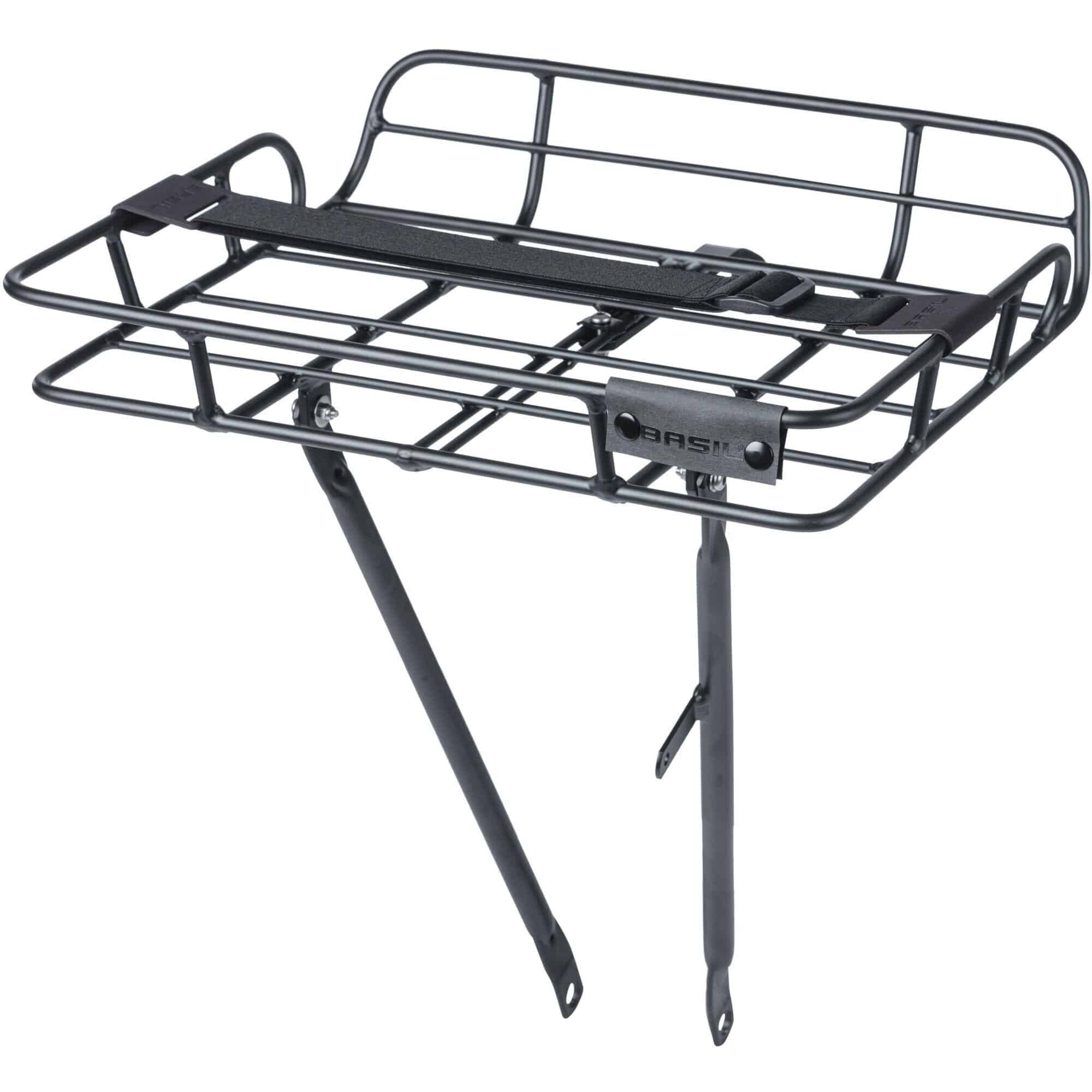 Basil Portland matte black front bike carrier rack for vintage-style bikes with 26-28 inch wheels, accessory for bike transport.