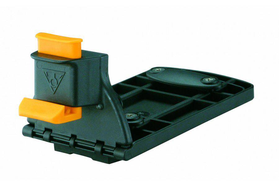 Topeak Fixer 6 rear basket mount in black for bike accessories, compatible with F/Mtx racks, shown attached to a bicycle.