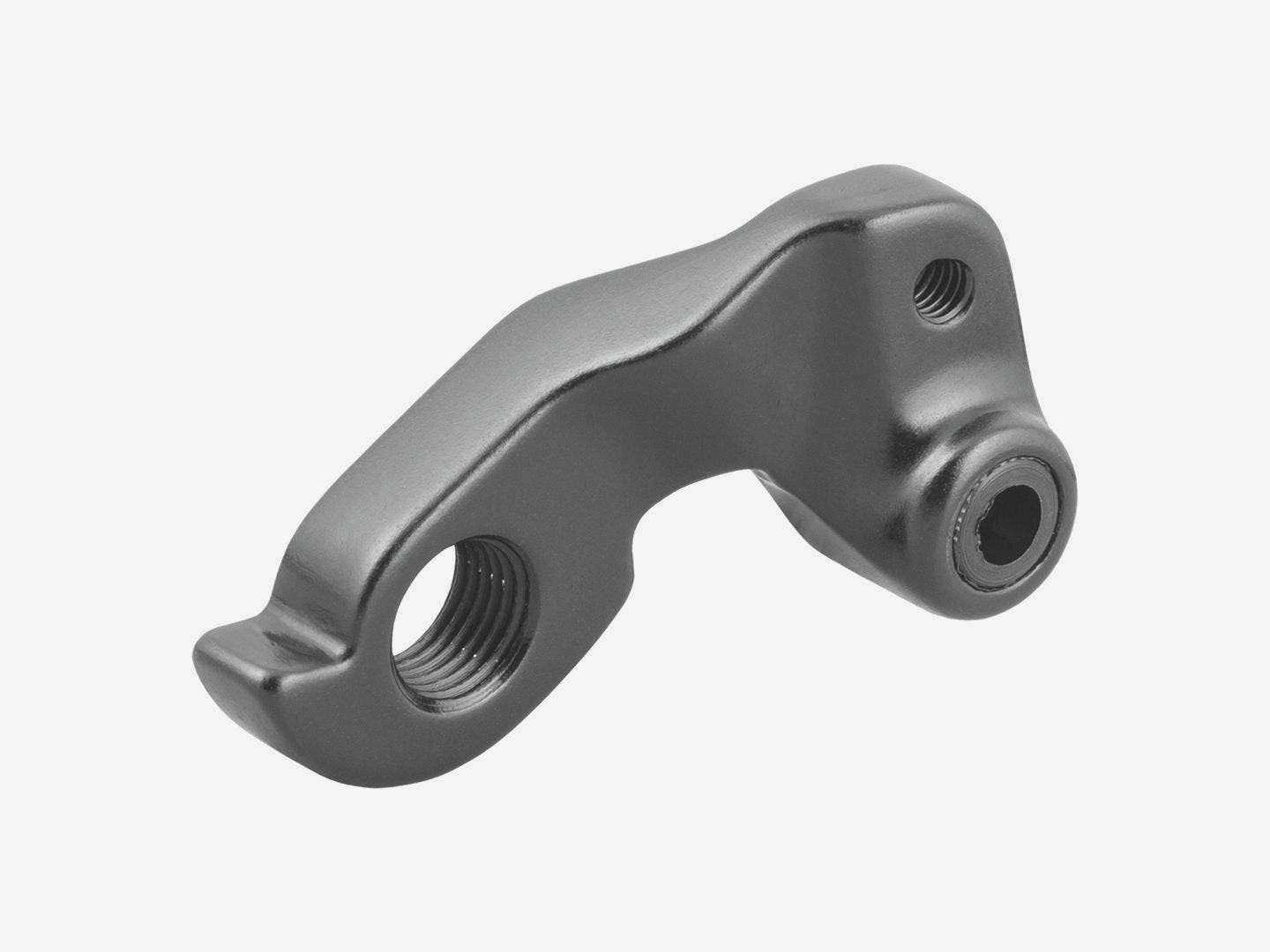 Trek rear derailleur hanger and thru axle in black, replacement bike components on drive side.