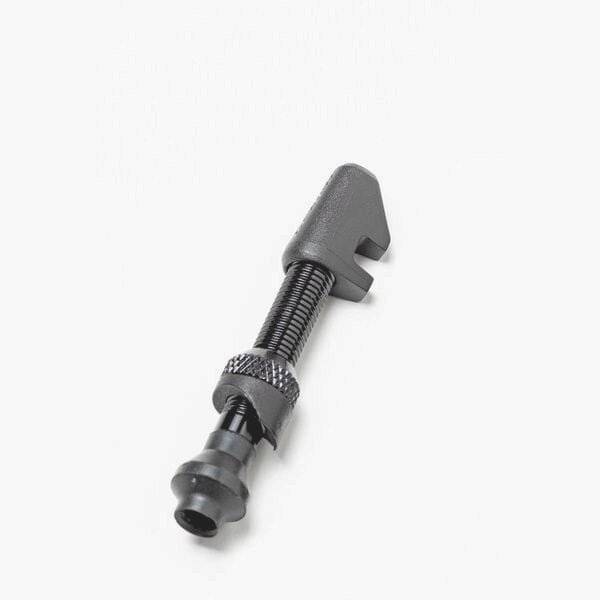 Black DT Swiss lightweight aluminum tubeless valve for 18-25mm asymmetrical rims, designed for bicycle wheel components.