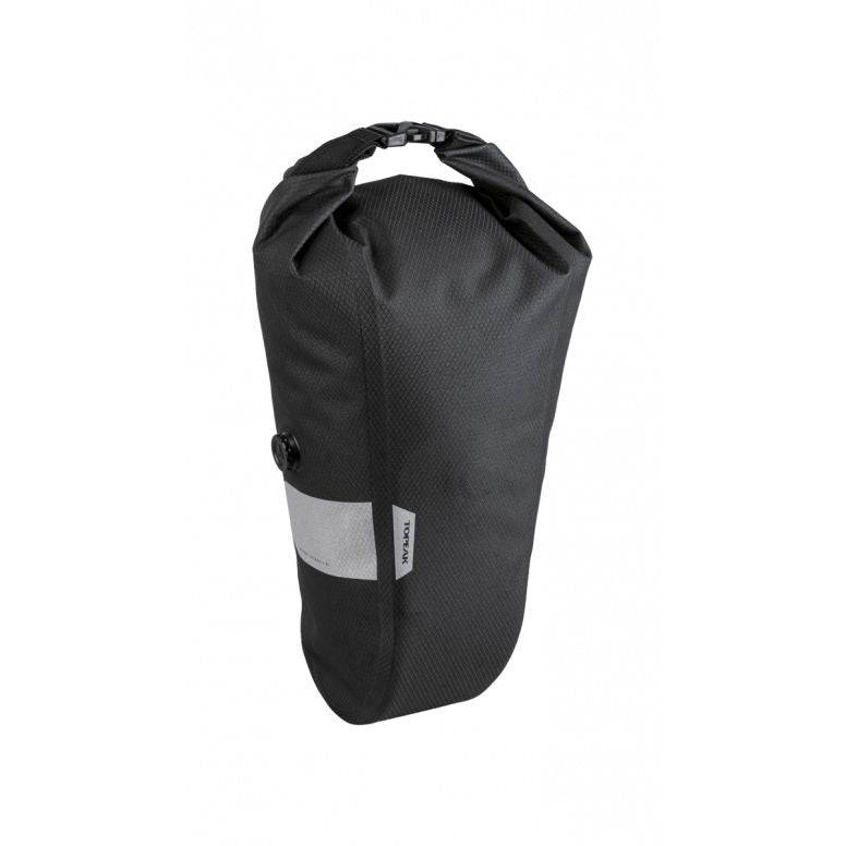 Topeak QR Fork Drybag 5.8L black waterproof bikepacking bag attached to a bike fork, made of durable TPU material.