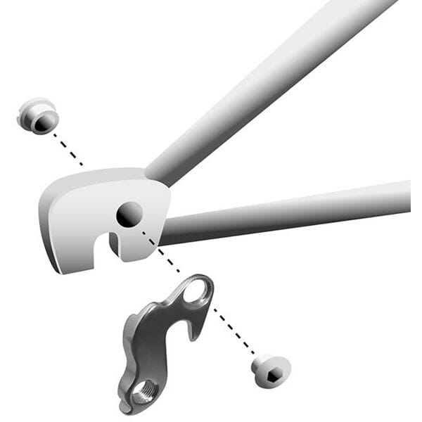 Durable M Part gear hanger for bikes, compatible with various brands, shown attached to a bike frame in a close-up view.