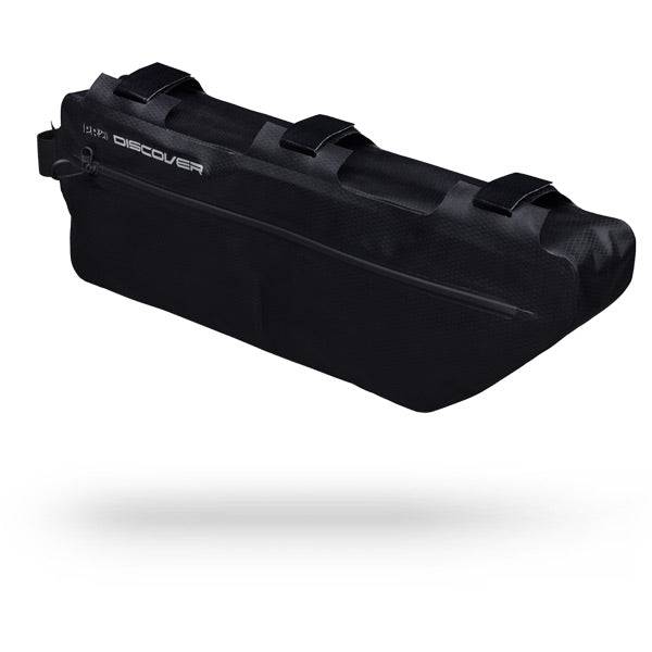 PRO Discover Team waterproof frame bag, 5.5L capacity with anti-sway design and reflective safety features mounted on a bicycle.