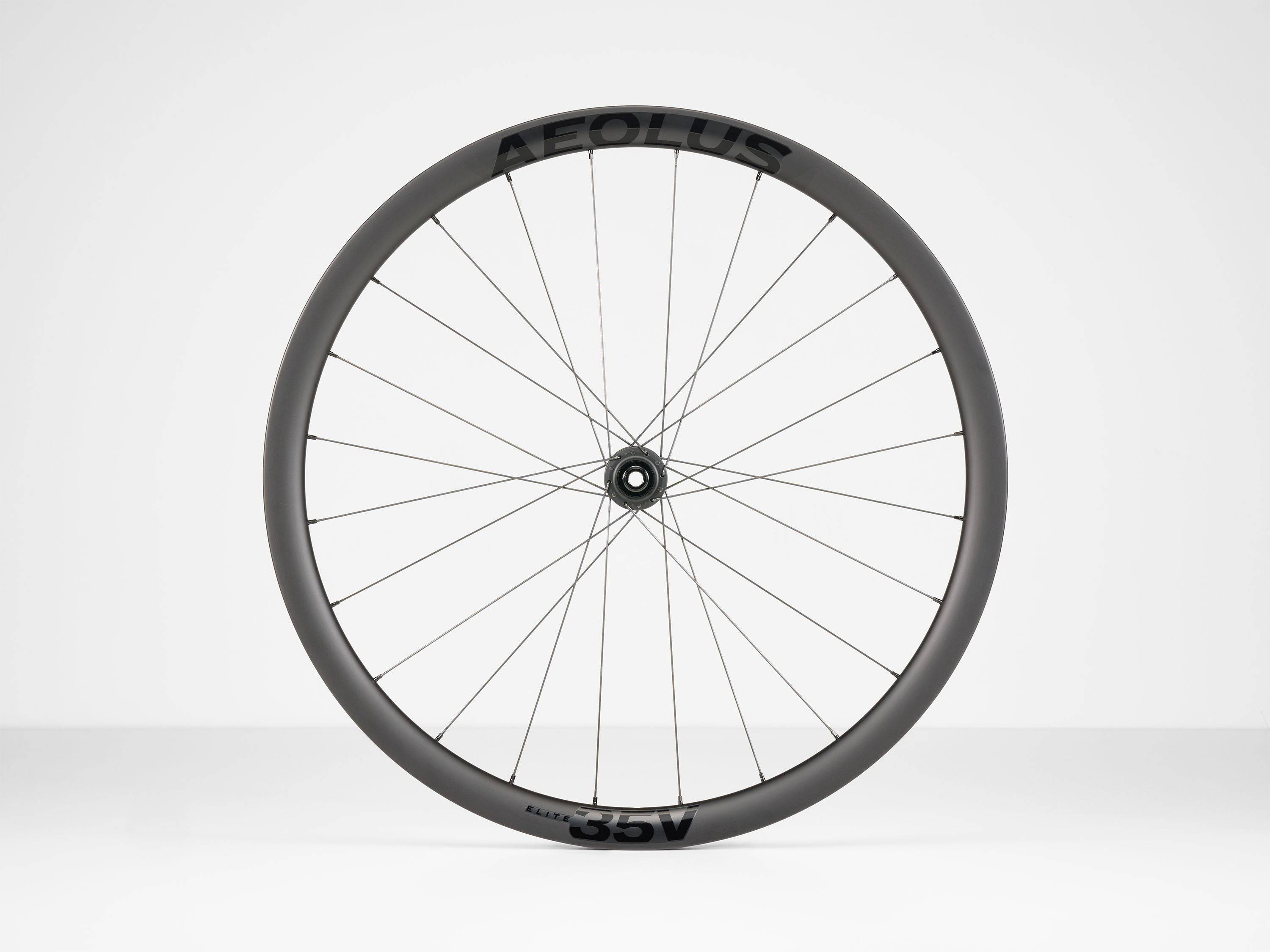 Bontrager Aeolus Elite 35V TLR disc road wheel with tubeless-ready design and lightweight carbon rim for high performance cycling.