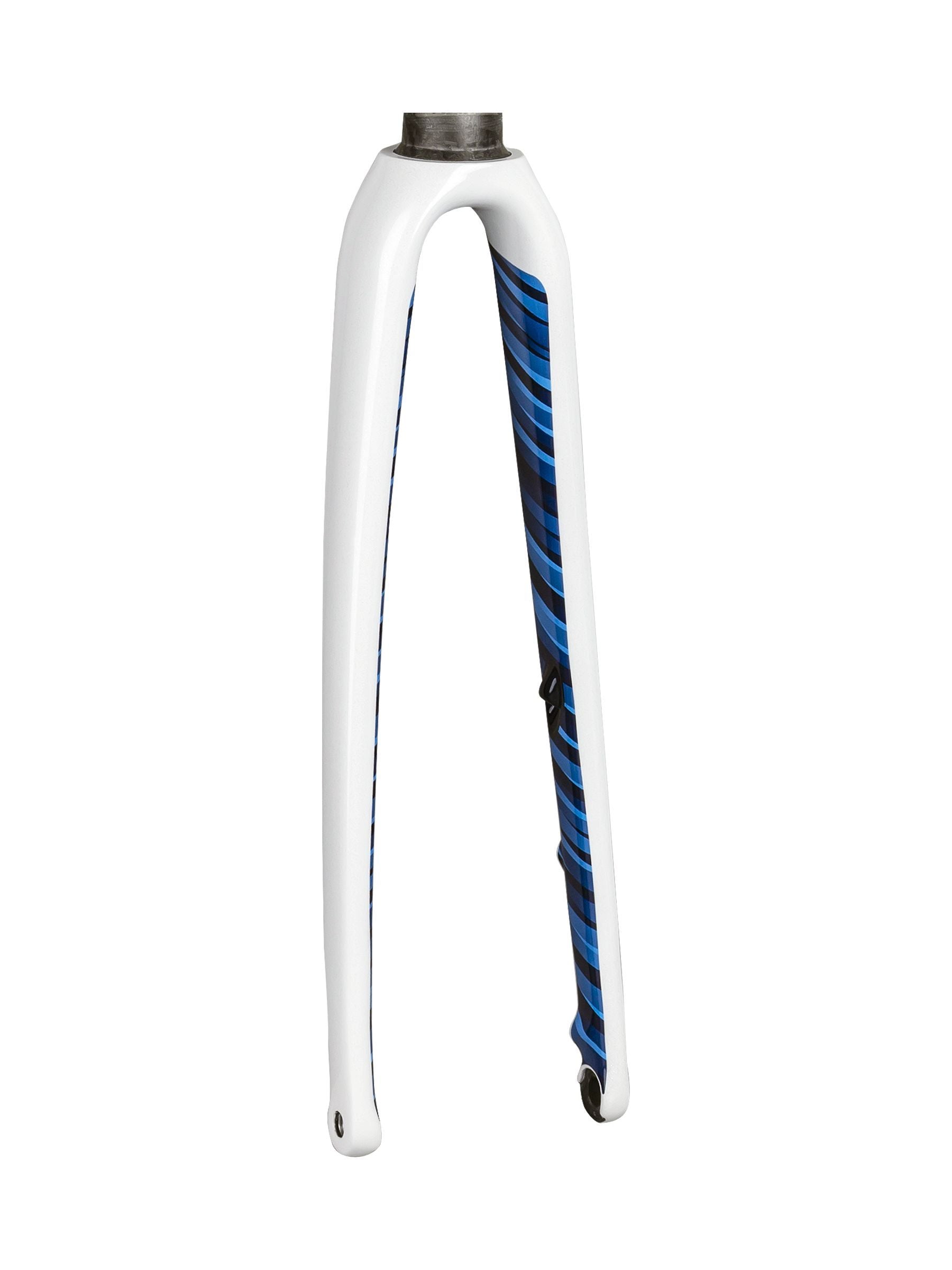 Trek Emonda SL 6 women's 700c disc road bike fork with rigid 45mm white and blue design, featuring 255mm length components