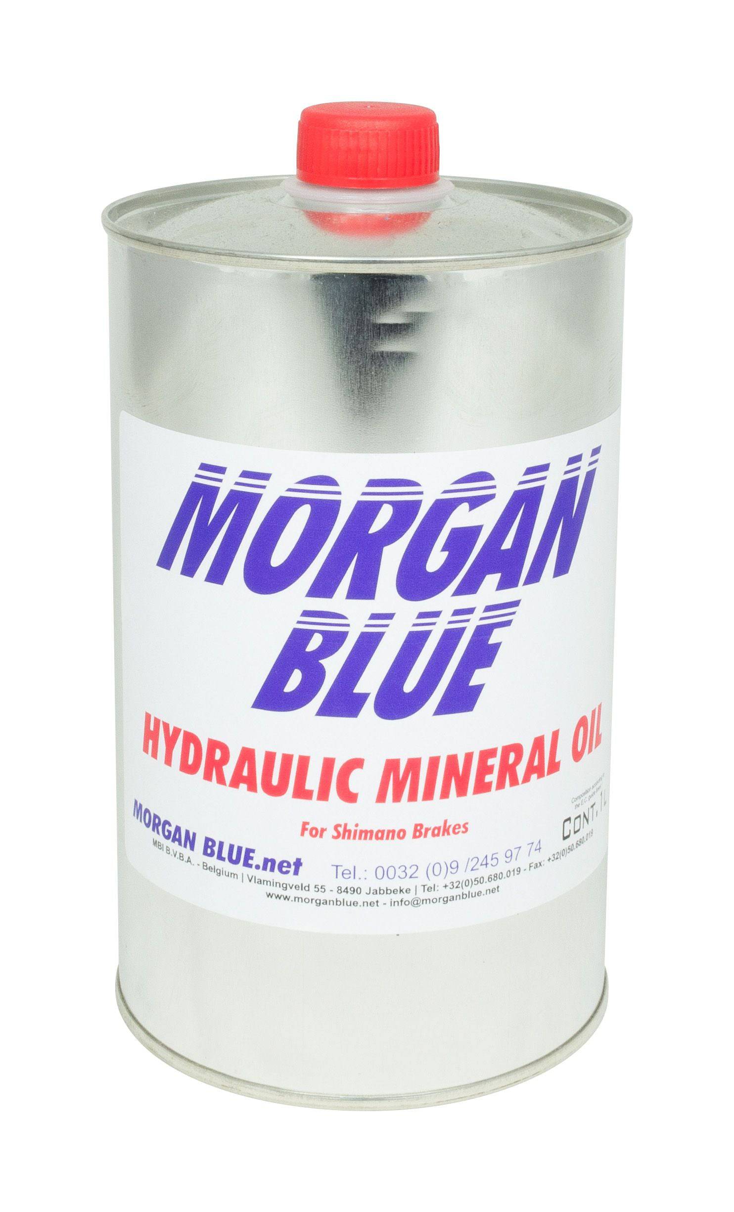 Morgan Blue hydraulic mineral oil for brake systems in a 1000cc workshop bottle, suitable for bicycle or vehicle brake maintenance.