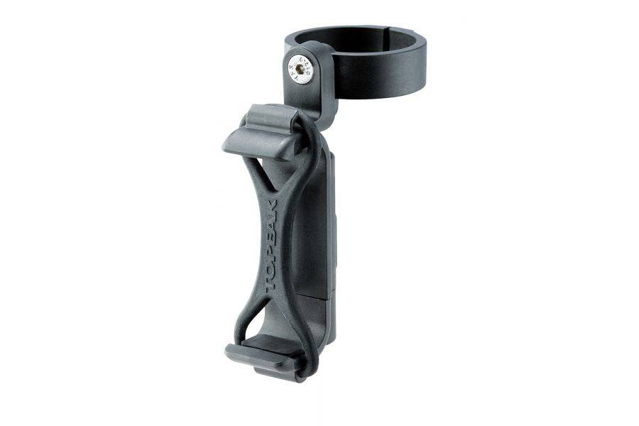 Topeak Mini Tool Carrier in black attached to a floor pump, designed for holding mini tools during bike workshop repairs.