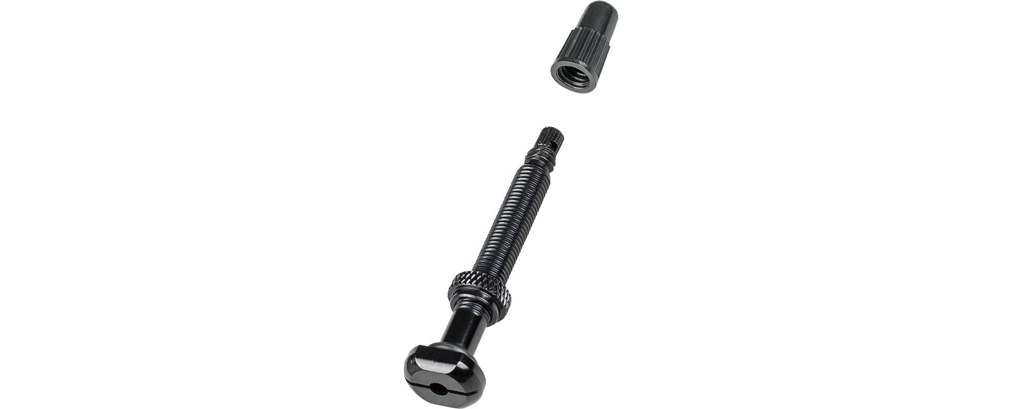 Bontrager Round Base TLR tubeless valve stem with removable core for bicycle wheels, showcasing the component's design and threading