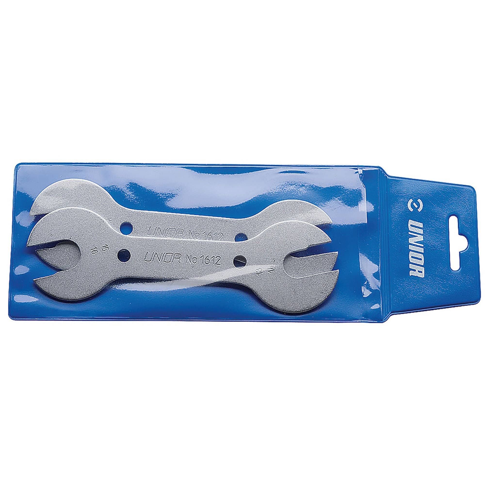 UNIOR blue cone wrench set for bicycles, includes sizes 13/14 and 15/17, part of a bicycle repair workshop tool kit