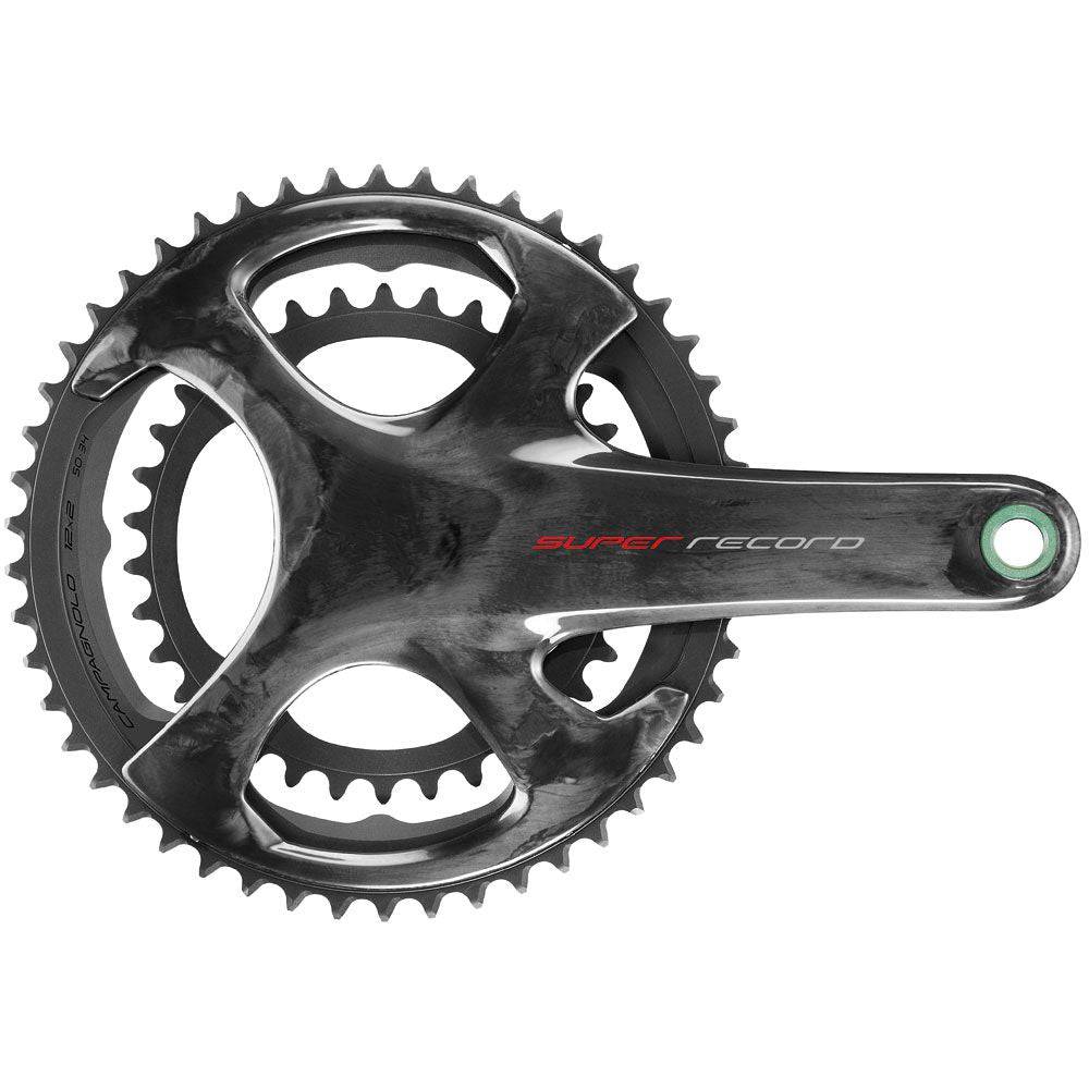 Campagnolo Super Record U-T 12x Aero Carbon chainset cranks with 8-bolt design, showcasing lightweight cycling component hardware.