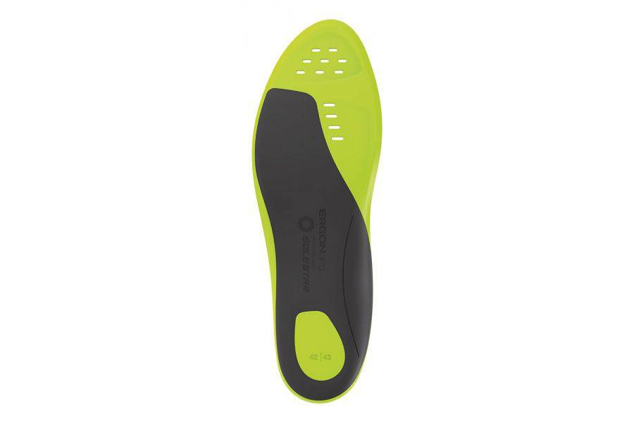 Ergon IP3 Solestar cycling insoles with supportive design, suitable as spares and accessories for enhanced power transfer in cycling shoes.