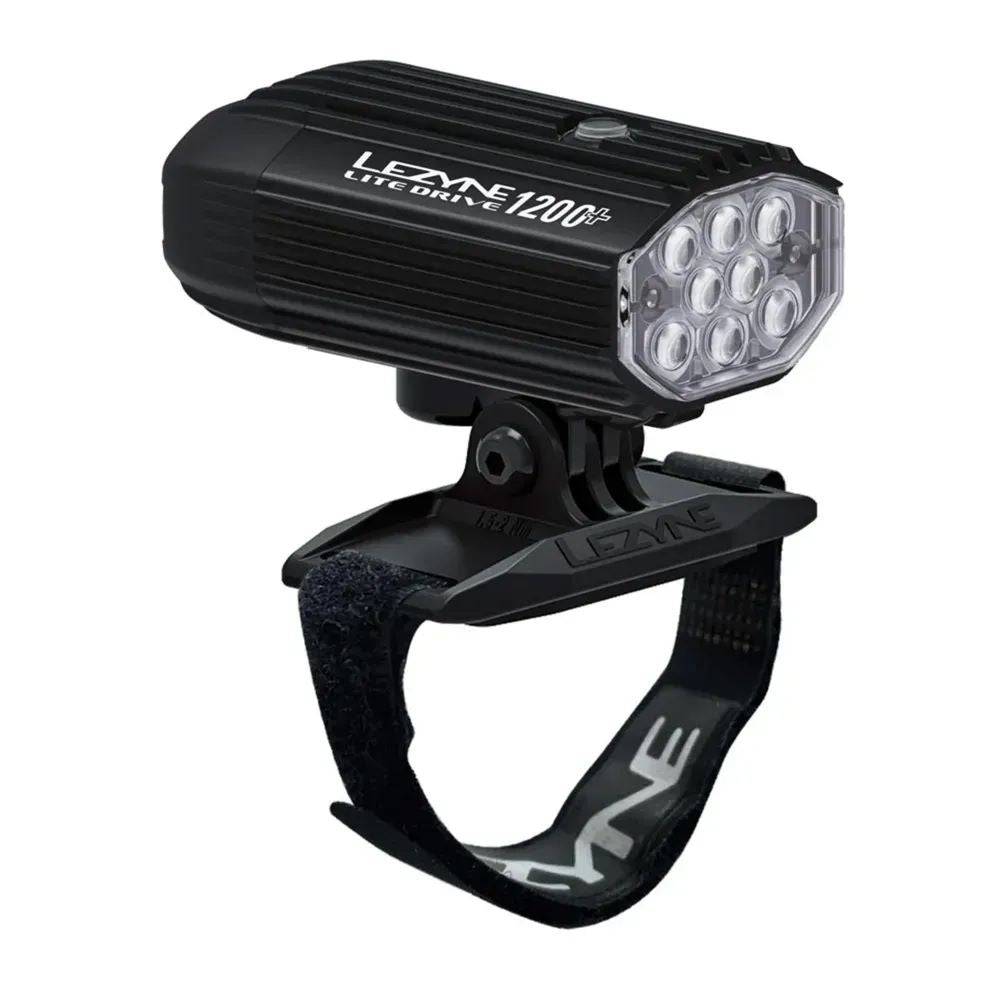 Lezyne Helmet Lite Drive 1200+ front LED light in satin black with USB-C recharge, waterproof IPX7, designed for cycling helmets.