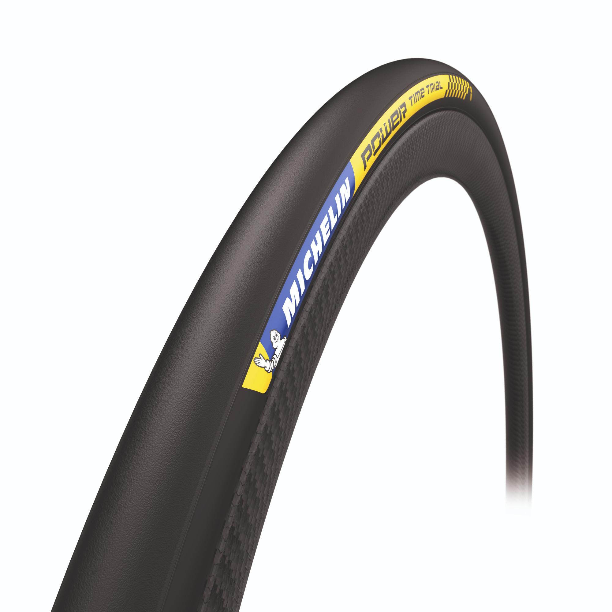 Michelin Power Time Trial high performance road cycling tire showing sleek black rubber with tread pattern for speed and control