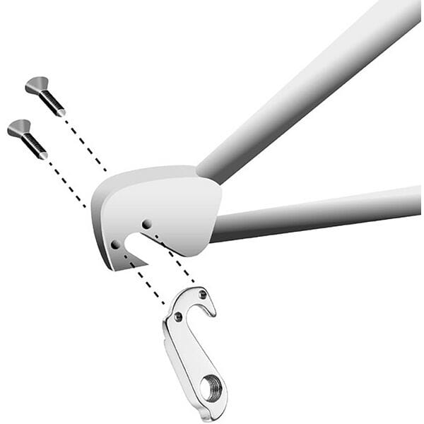 Silver anodized M Part gear hanger for Cervelo bikes, replacement component, durable and designed for precise gear shifting.
