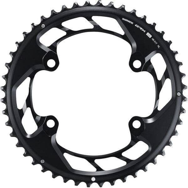 Shimano GRX FC-RX820-2 12-speed double chainring with 48T and 31T for gravel bike components, shown in close-up.