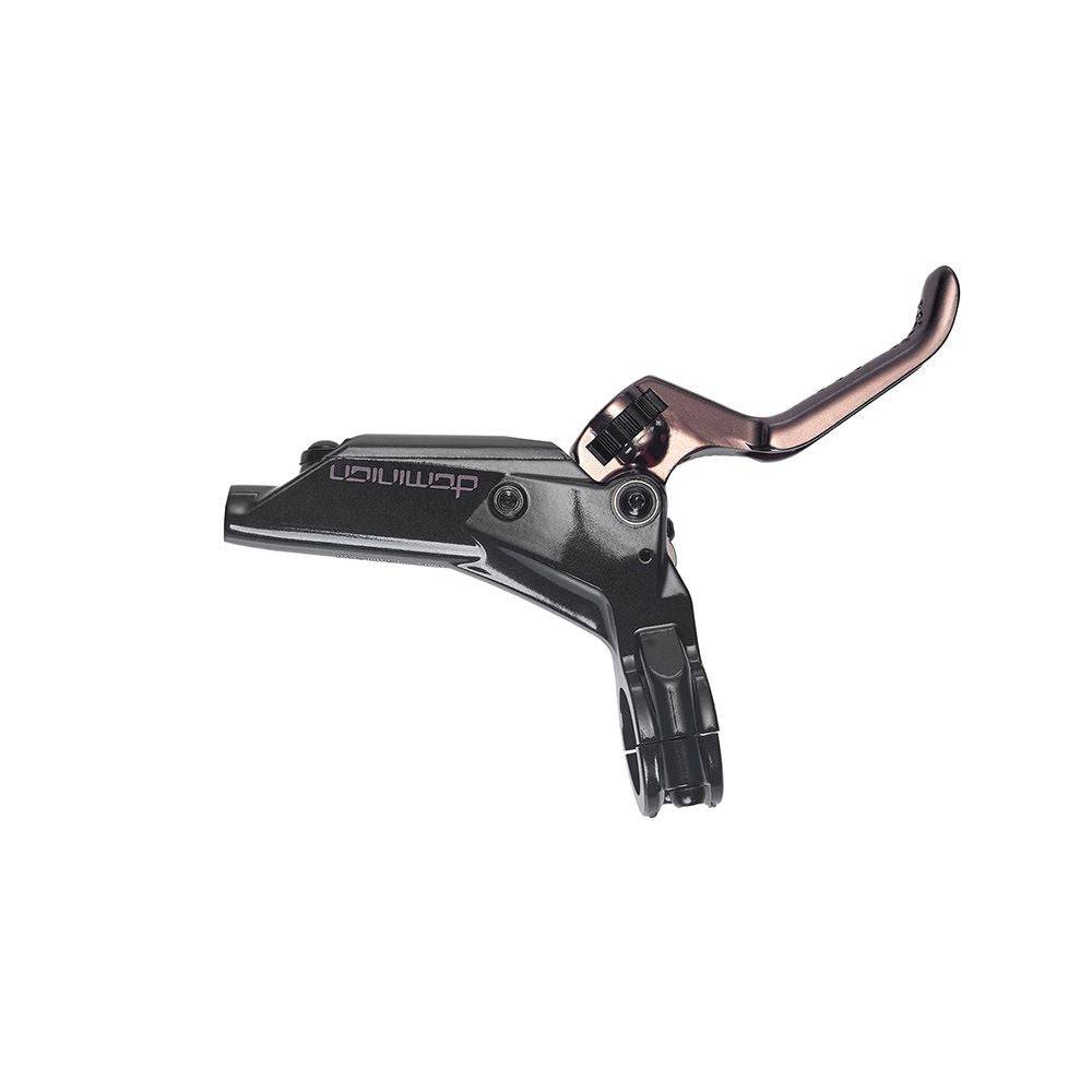 Hayes Dominion master cylinder and short reach disc brake lever for bicycle components, shown in a close-up image.