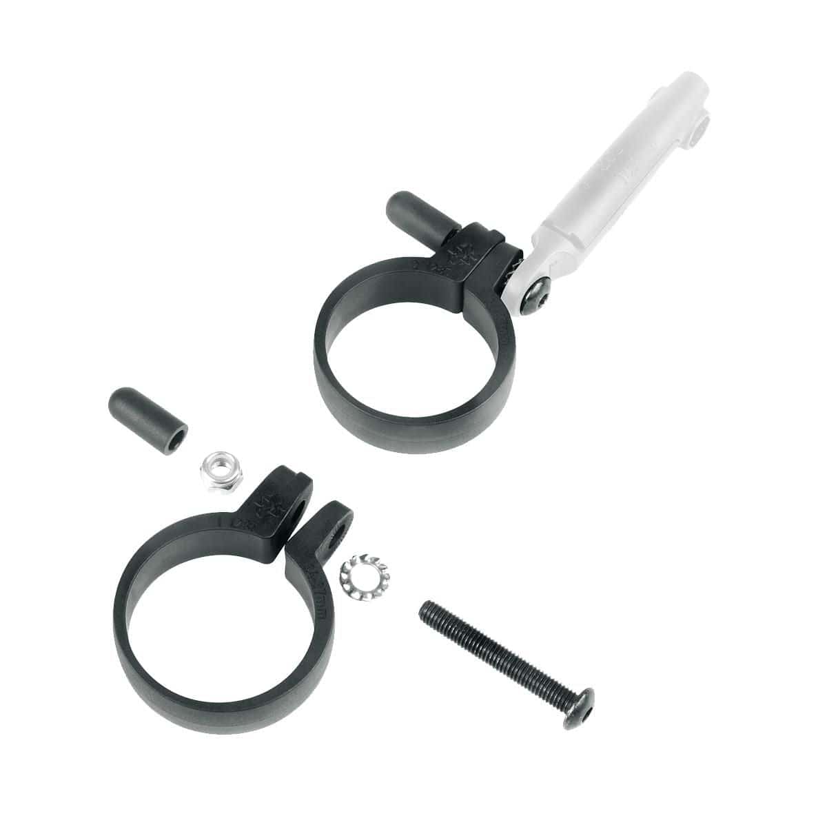 Pair of SKS Stay Mounting Clamps for suspension forks without eyelets, includes screws, durable bike accessories.