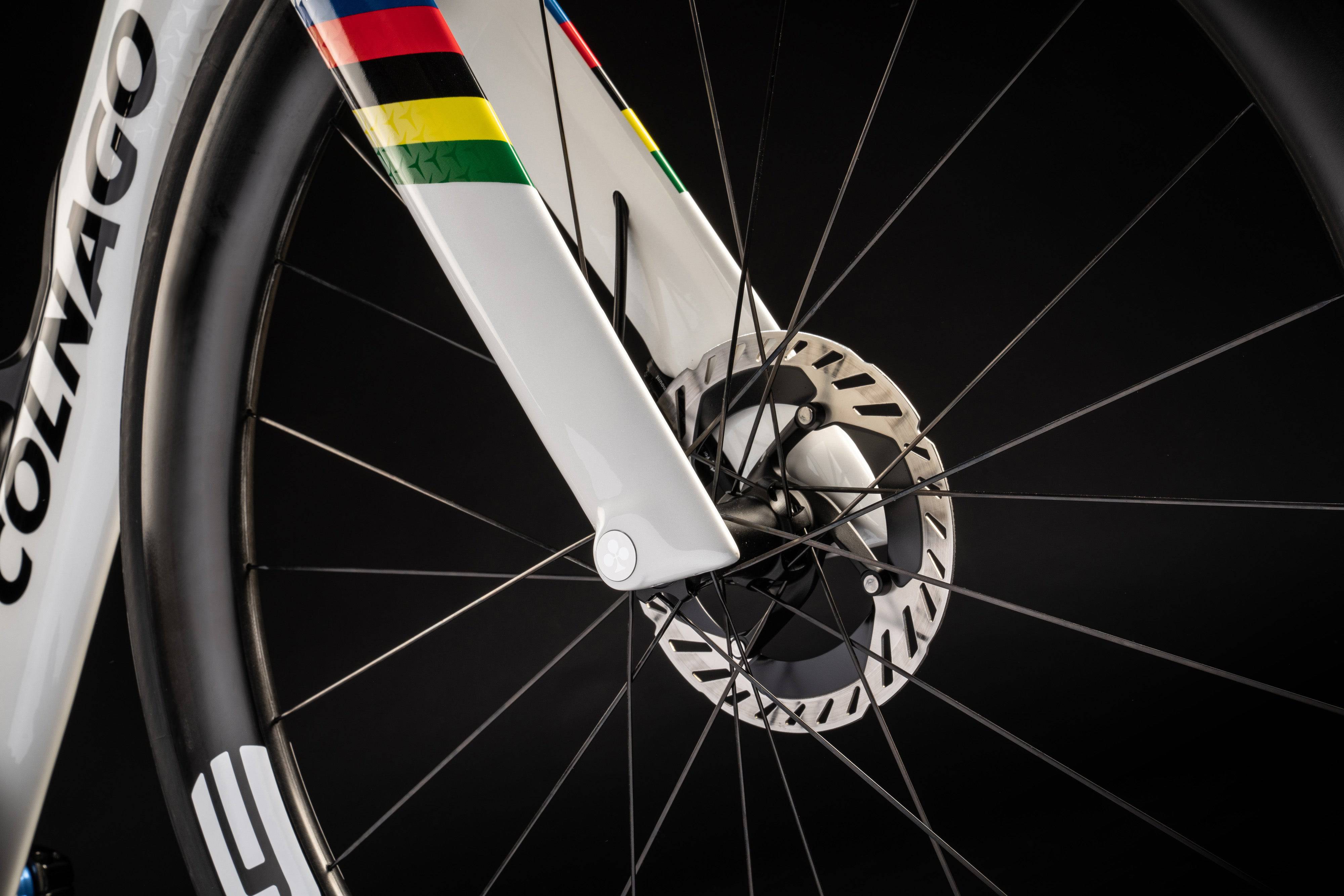 Close-up of the Colnago Y1Rs Disc 2025 carbon aero road frameset with integrated disc brakes, showcasing sleek design and bike components.