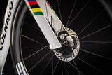 Close-up of the Colnago Y1Rs Disc 2025 carbon aero road frameset with integrated disc brakes, showcasing sleek design and bike components.