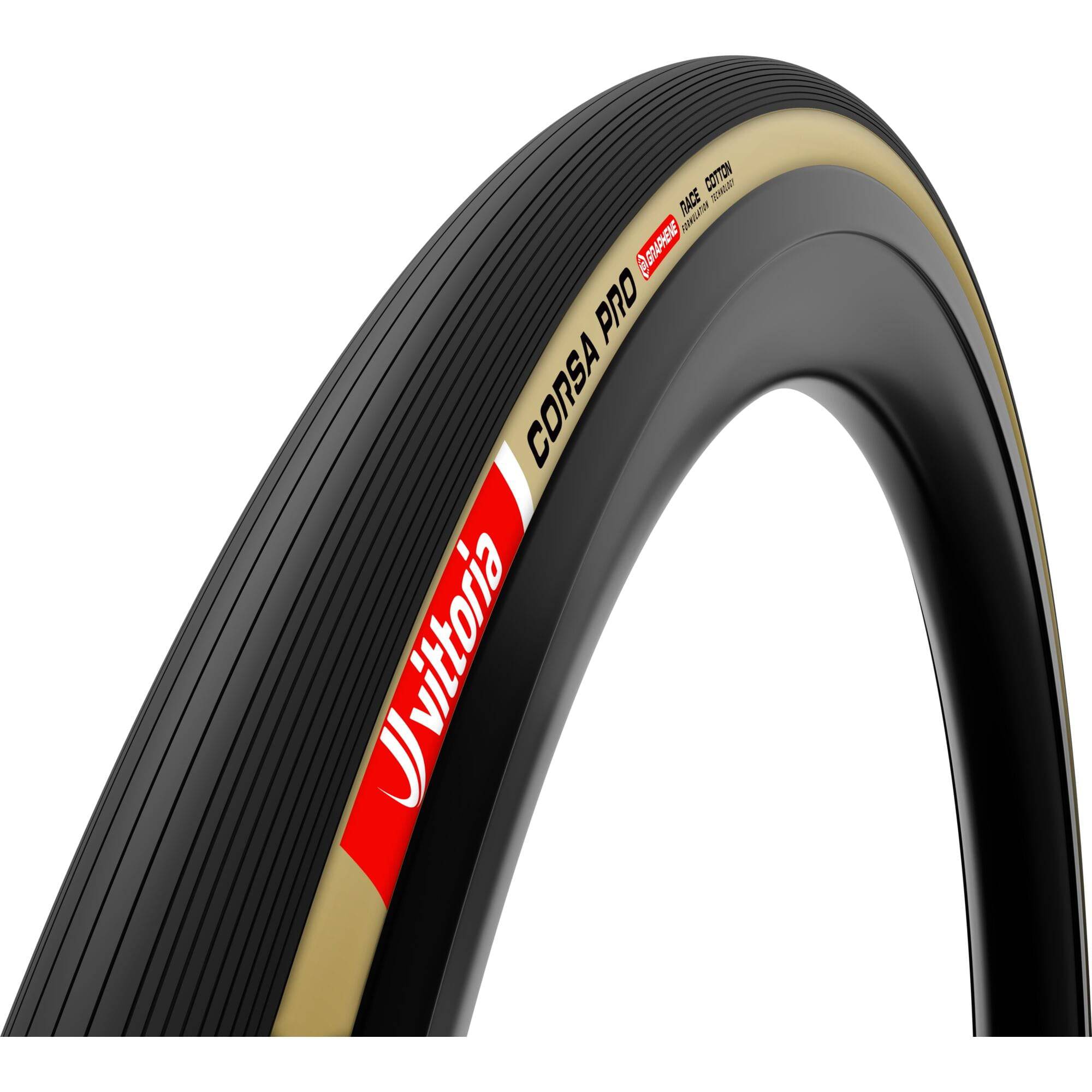 Vittoria Corsa Pro 700x28c black clincher road tire with tan sidewalls, tubeless-ready, suitable for high-performance cycling.
