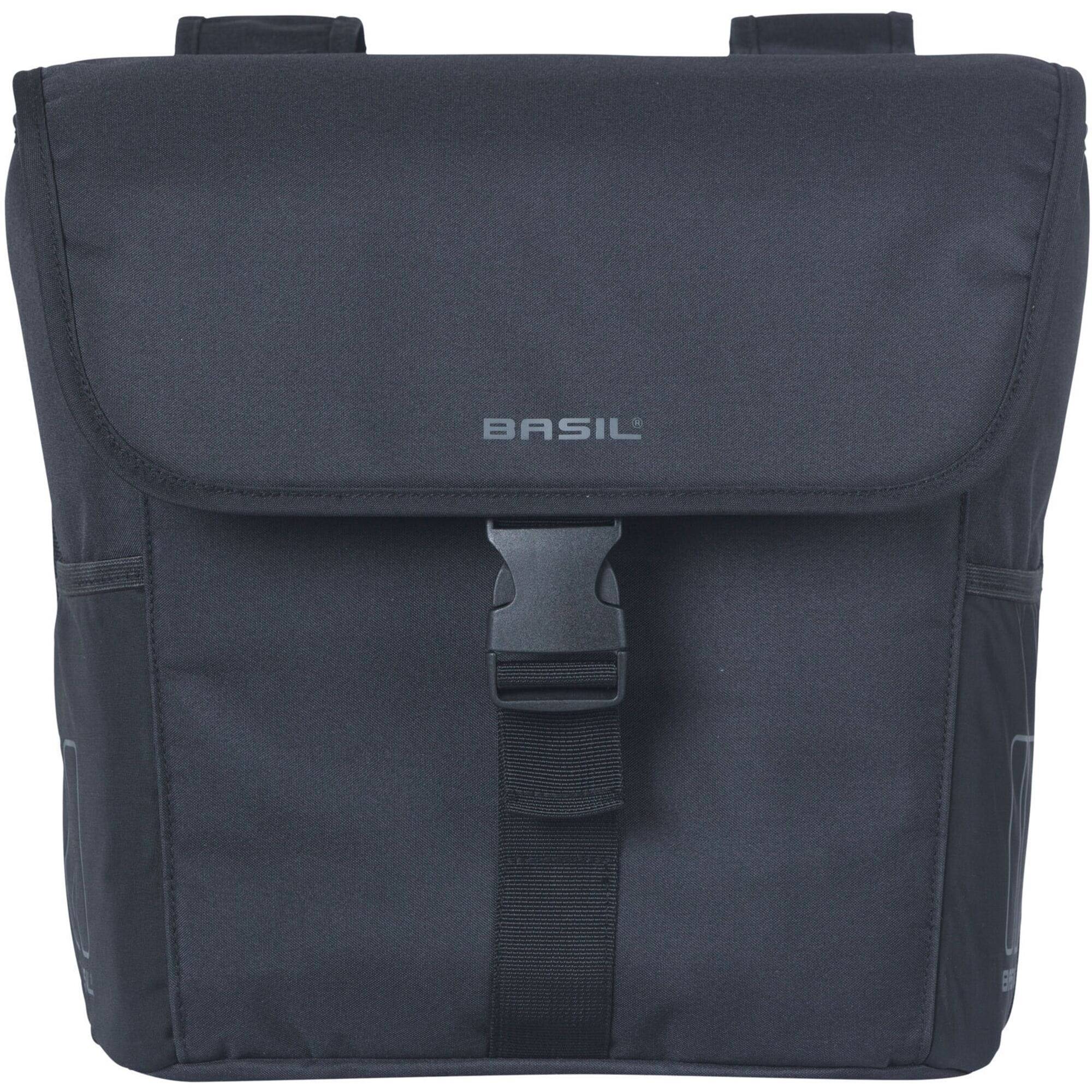 Basil GO Double Bag 32L solid black bike pannier with reflective details, designed for cycling accessories.