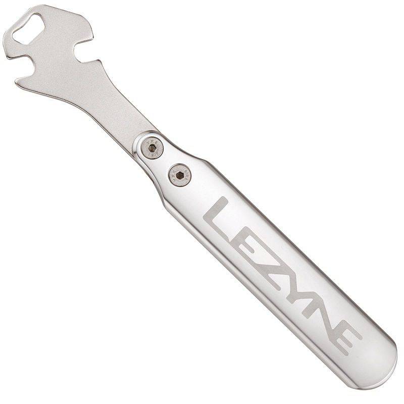 Lezyne CNC pedal rod wrench 15mm with integrated bottle opener for bike repair, workshop tool with ergonomic handle.
