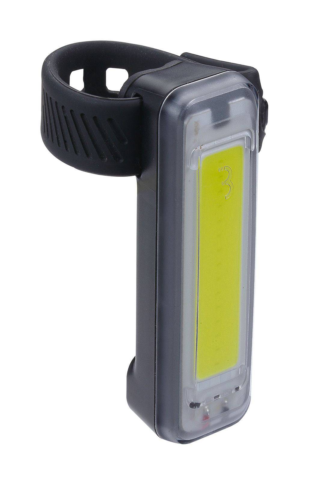BBB BLS-136 Signal Front LED Bike Light showing bright waterproof USB rechargeable bike light on a bike handlebar
