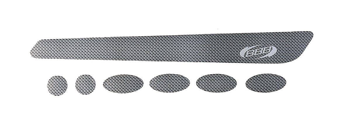 BBB BBP-51 Bikeskin Carbon Frame Protectors, durable bike frame guard accessories, shown on a bike frame in close-up image.