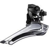 Shimano Dura-Ace FD-R9100 11-speed front derailleur for road bikes, showing the sleek black component with mounting hardware.