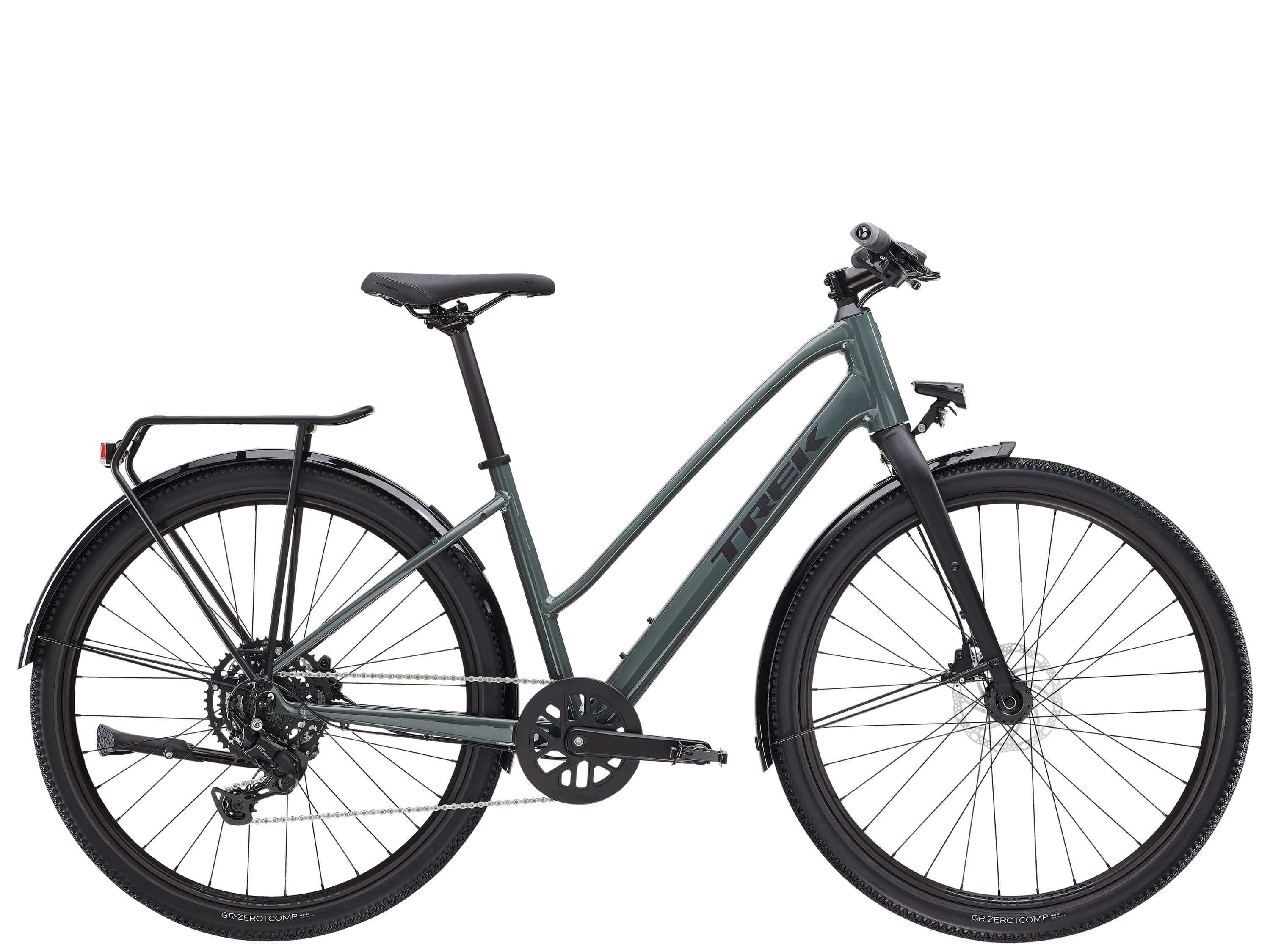 Trek Dual Sport 2 Stagger hybrid bike for women with a sleek frame, knobby tires, and upright handlebars for versatile riding.