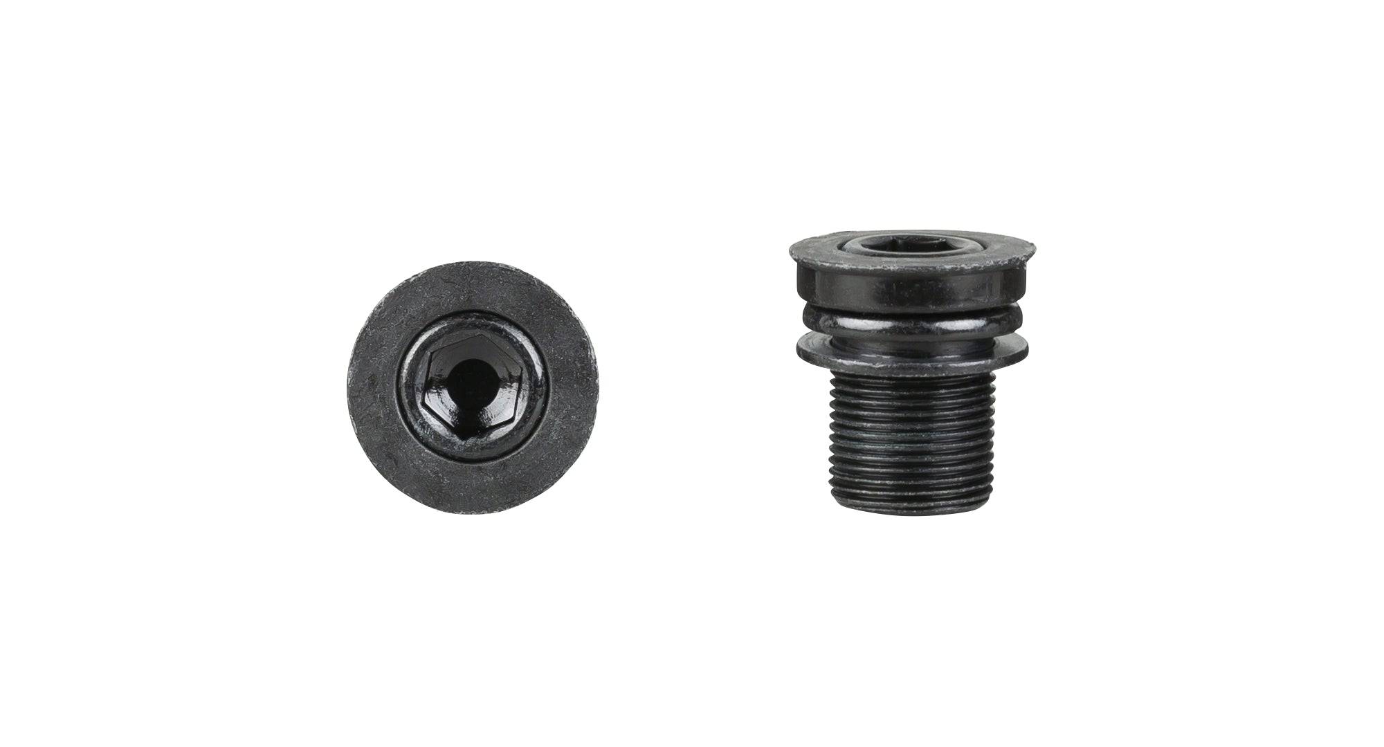 Trek Prowheel black crankarm bolts M15 x 22.5mm for bicycle drivetrain, close-up of bolts on crankarm for Trek bike component repair