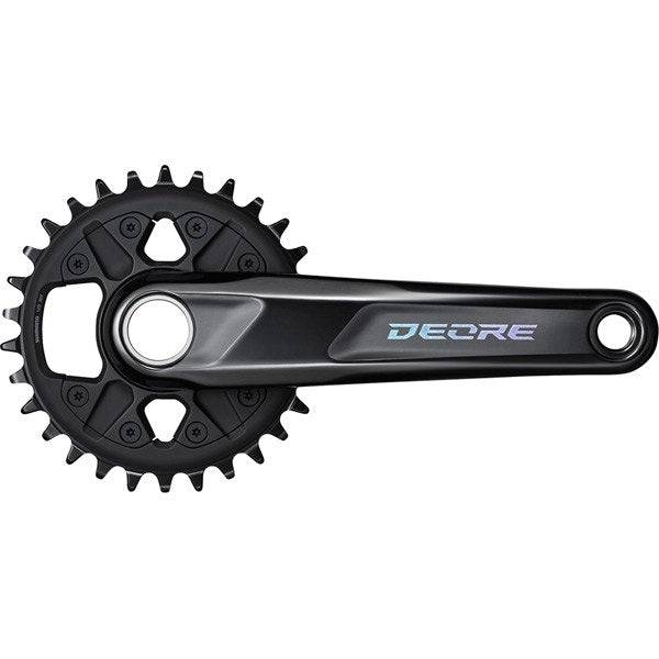 Shimano Deore FC-M6120 12-speed MTB chainset with 55mm boost chainline, durable mountain bike component, close-up view