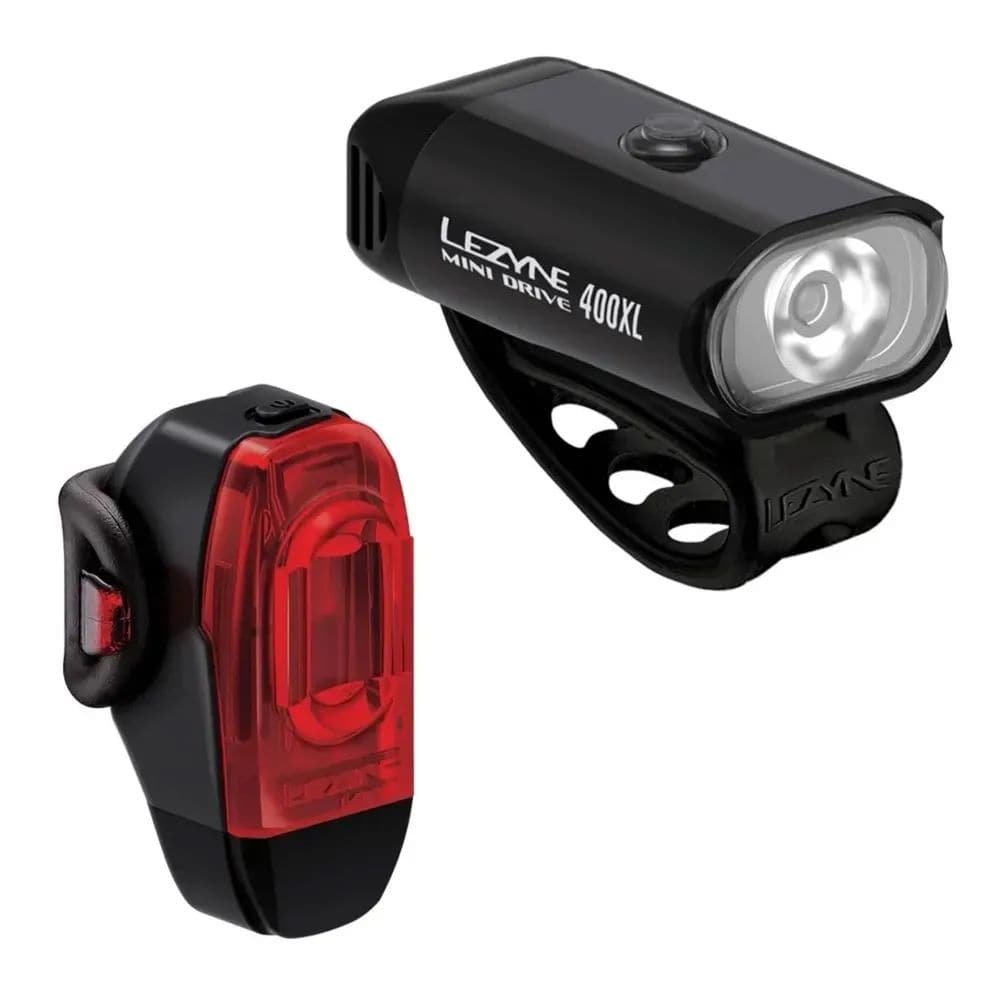 Lezyne Mini Drive 400XL front bike light and KTV Drive+ rear bike light in black, compact cycling accessories for visibility.