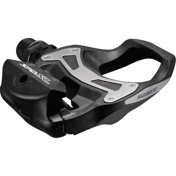 Shimano PD-R550 SPD-SL road pedals with resin composite body and SM-SH11 cleats for cycling performance.