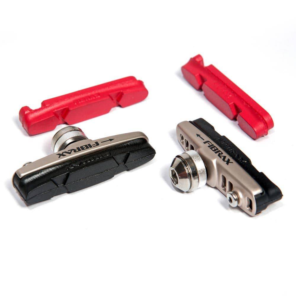 Fibrax SH450B road caliper brake pads for alloy rims with extra inserts, showing the brake pad components and packaging.